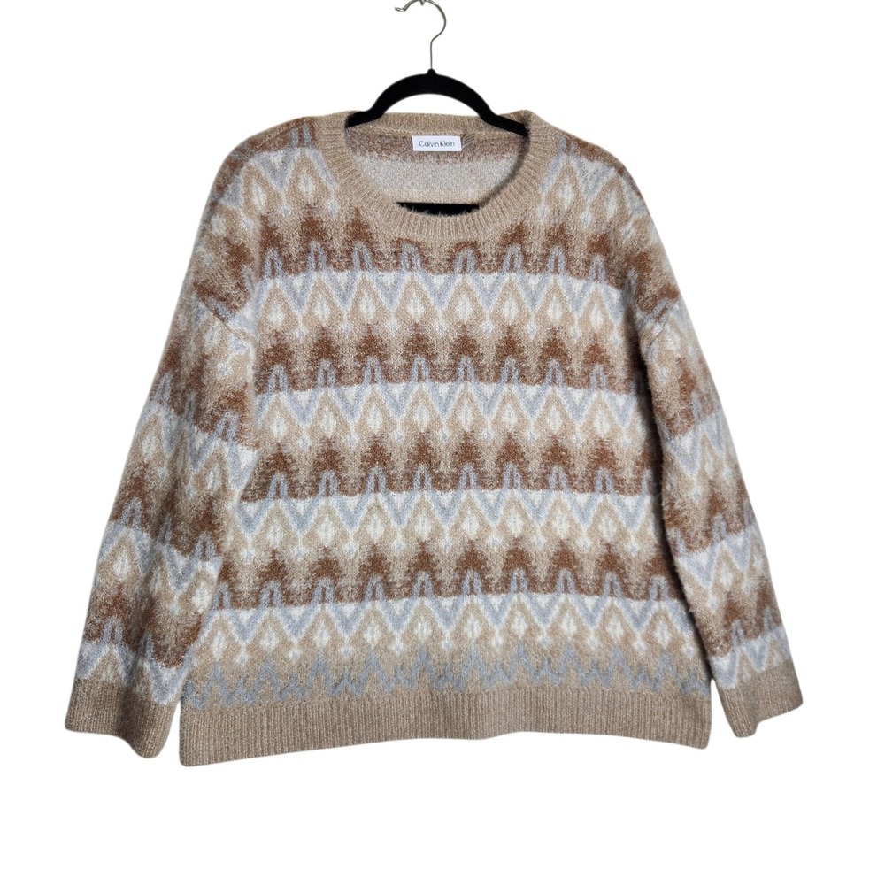 Calvin Klein Womens Fuzzy Eyelash Knit Chevron Sweater Tan Brown Blue Large
